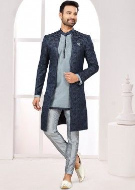 Grey Woven Satin Kurta Pajama Set For Men