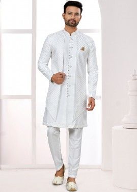 White Embroidered Mens Indo Western Sherwani Set