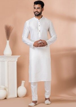 White Readymade Plain Kurta Pajama For Men