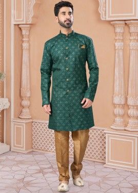 Green Embroidered Readymade Mens Silk Sherwani Set