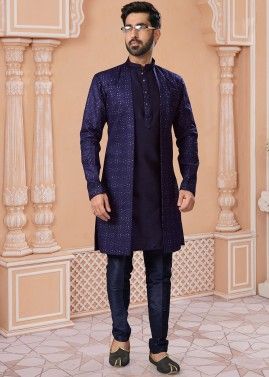 Readymade Embroidered Mens Jacket Style Sherwani In Purple
