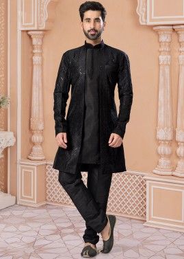 Black Readymade Mens Jacket Style Sherwani Set In Art Silk