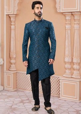 Blue & Black Readymade Jacquard Embroidered Mens Sherwani 
