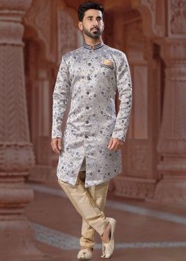 Grey Digital Printed Readymade Mens Jacquard Sherwani Set