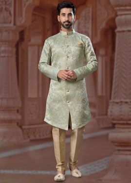 Readymade Digital Printed Mens Sherwani Set In Pastel Green