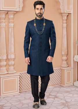 Blue Readymade Embroidered Jacquard Mens Sherwani Set 