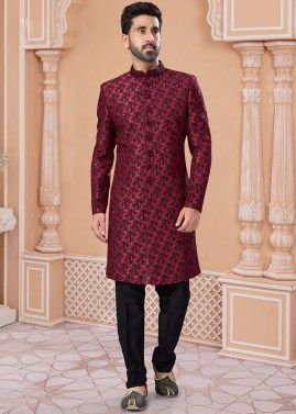 Readymade Embroidered Mens Jacquard Sherwani In Maroon