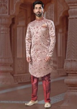 Pastel Pink Readymade Mens Digital Printed Sherwani Set