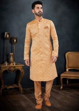 Golden Readymade Jacquard Mens Sherwani Set