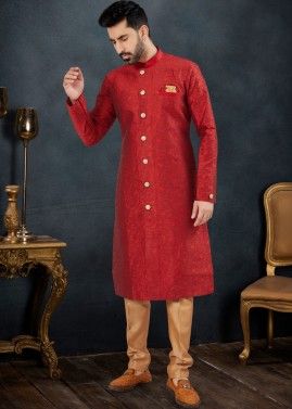 Readymade Jacquard Embroidered Mens Sherwani In Red
