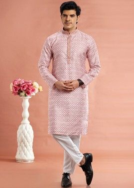 Pink Digital printed Men's Kurta Pajama
