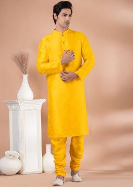 Bright Yellow Readymade Plain Dupion Silk Mens Kurta Pajama