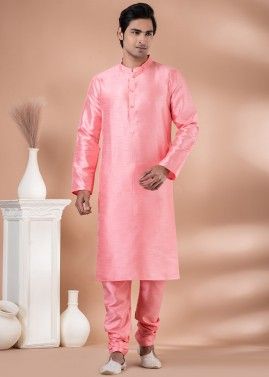 Pink Readymade Plain Dupion Silk Mens Kurta Pajama