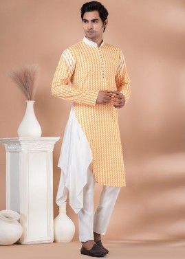 Yellow Readymade Printed Mens Indowestern Kurta Pajama 