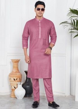 Pink Plain Readymade Cotton Mens Kurta Pajama