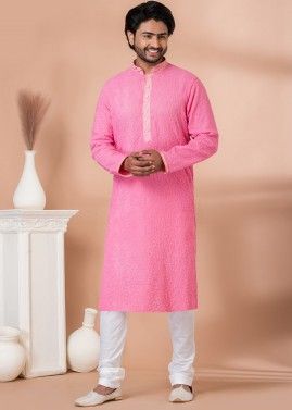 Pink Mens Silk Kurta Pajama In Thread Embroidery