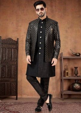 Readymade Mens Silk Indowestern Sherwani & Jacket In Black