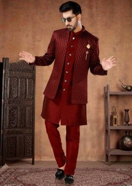 Red Readymade Mens Silk Indowestern Sherwani & Jacket