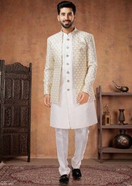 White Readymade Mens Silk Sherwani & Jacket In Indowestern