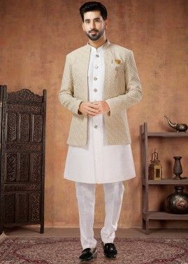 Readymade Mens Indowestern Silk Sherwani & Jacket In White