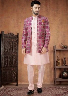 Readymade Mens Indowestern Silk Sherwani & Jacket In Light Pink