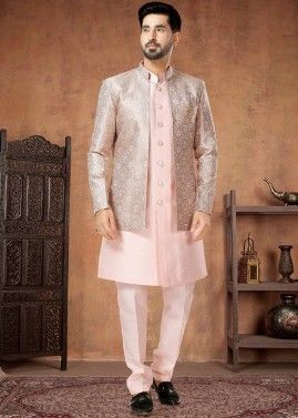 Light Pink Readymade Mens Silk Indowestern Jacket & Sherwani 