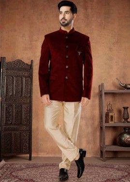 Maroon Palin Velvet Readymade Bandh gala Jodhpur Suit