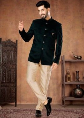 Green Plain Readymade Bandh gala Jodhpur Suit In Velvet