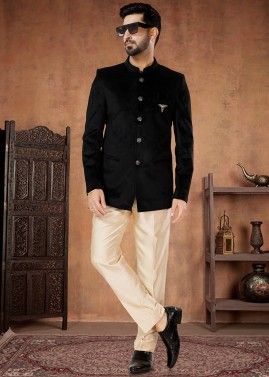 Black Velvet Plain Readymade Bandh gala Jodhpur Suit 