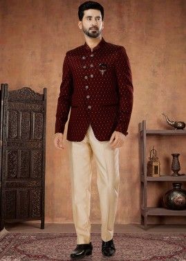 Maroon Jacquard Readymade Bandh gala Jodhpur Suit