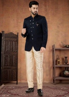 Readymade Jacquard Bandh gala Jodhpur Suit In Navy Blue