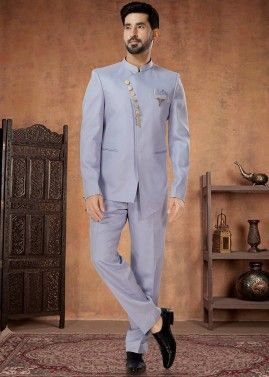 Light Blue Readymade Mens Rayon Bandh gala Jodhpur Suit