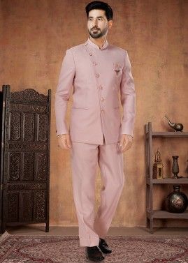 Pink Readymade Mens Rayon Bandh gala Jodhpur Suit Set