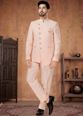 Readymade Mens Rayon Bandh gala Jodhpur Suit In Peach