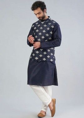 Navy Blue Kurta Pajama & Embroidered Nehru Jacket