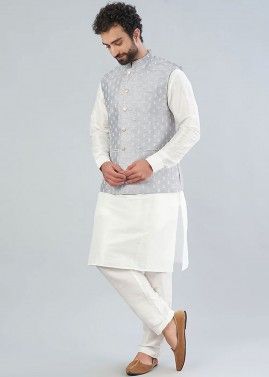 White Mens Kurta Pajama & Embroidered Nehru Jakcet