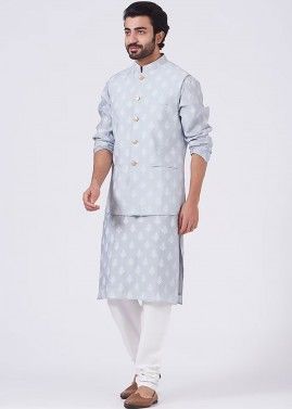 Grey Printed Kurta Pajama & Nehru Jacket