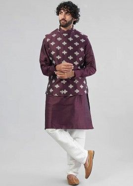Wine Kurta Pajama With Embroidered Nehru Jacket