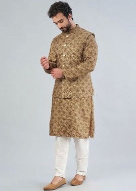 Brown Mens Printed Kurta Pajama With Nehru Jacket