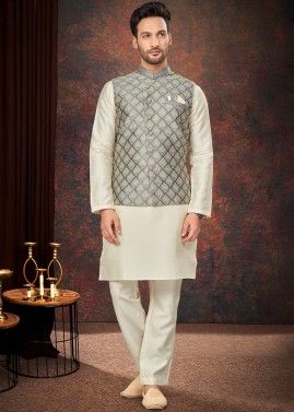 Cream Woven Kurta Pajama With Nehru Jacket