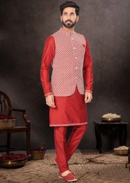 Red Readymade Plain Mens Dupion Silk Kurta Pajama & Nehru Jacket