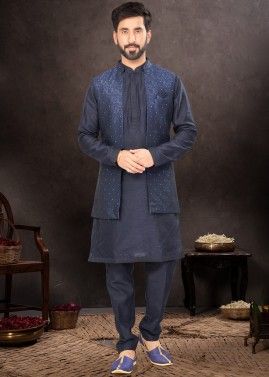 Navy Blue Readymade Nehru Jacket Style Mens Plain Kurta Pajama