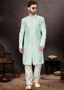 Readymade Plain Mens Art Silk Sherwani Suit In Ice Blue