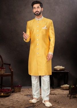 Yellow Readymade Mens Plain Sherwani In Art Silk
