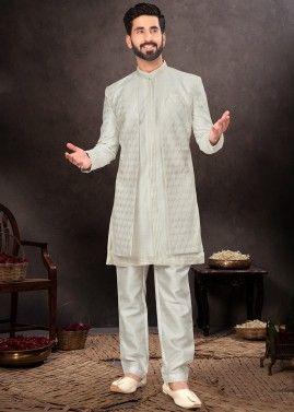 White Readymade Mens Art Silk Jacket Style Sherwani Suit