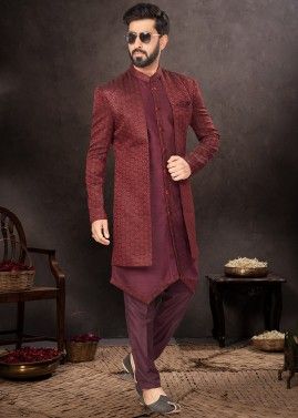 Maroon Readymade Mens Jacket Style Sherwani Set In Jacquard