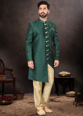 Green Readymade Jacquard Sherwani Set In Indowestern Style