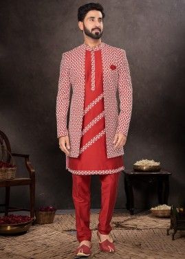 Red Readymade Jacquard Mens Jacket Style Sherwani Set