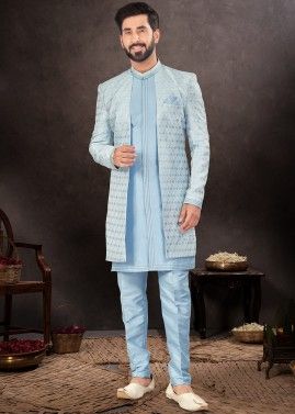 Blue Readymade Jacket Style Mens Sherwani In Jacquard