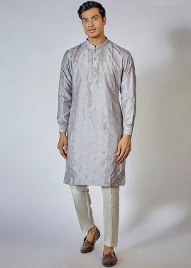 Grey Embroidered Readymade Cotton Mens Kurta Pajama